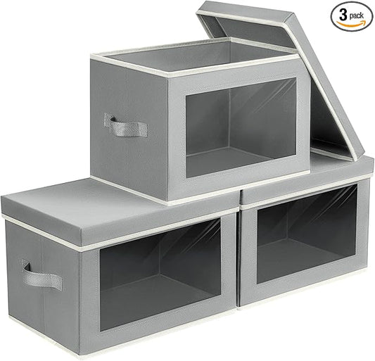 Storage Bins, Storage Baskets for Shelves with Window, Fabric Storage Bins with Handle, Foldable Storage Cubes Boxes for Organizing for Clothes, Towels, Books, 3 Pack, Grey