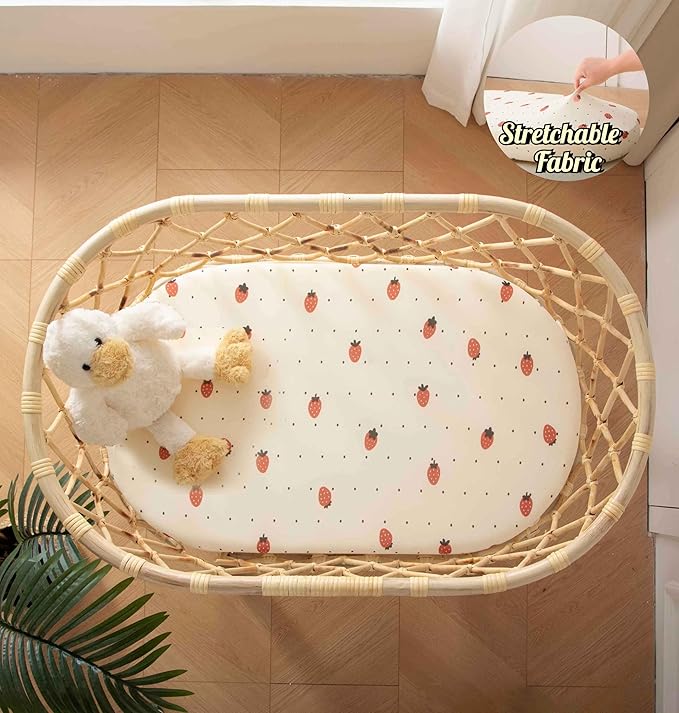 SDY Jersey Strawberry Bassinet Sheets for Baby Girls,32 "x 16 "x 4", 2 Pack,Pink Cute Kawaii Standard Oval/Retangle Fitted Bassinet Sheets for Toddler,Super Soft Breathable