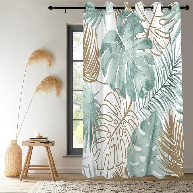 Renaiss Tropical Leaf Blackout Curtains, Green Palm Monstera Leaf Thermal Insulated Bedroom Window Curtains, Botanical Plants Window Curtains for Kitchen, 45" L x 29" W 2 Panel Set