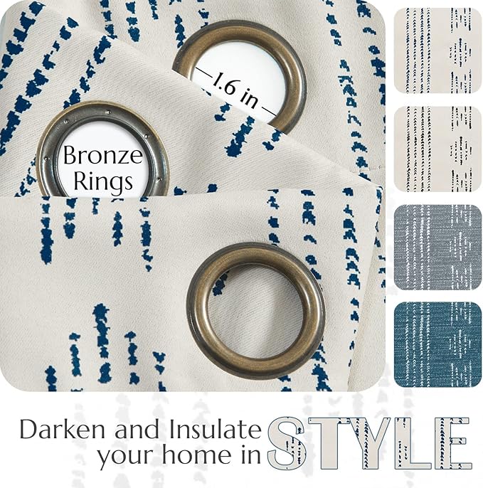 jinchan 95% Blackout Boho Curtains 96 Inch Length for Bedroom Living Room Blue on Beige Geometric Printed Grommet Top Room Darkening Thermal Insulated Window Drapes 2 Panels
