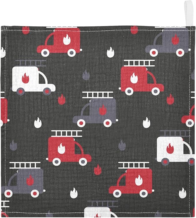 vvfelixl Firefighters Fire Trucks Baby Burp Cloths, Baby Muslin Washcloths for Boys Girls, Cotton Baby Face Towel for Newborn Infants Soft and Absorbent 11.8 X 11.8 in, 5 Pack Black