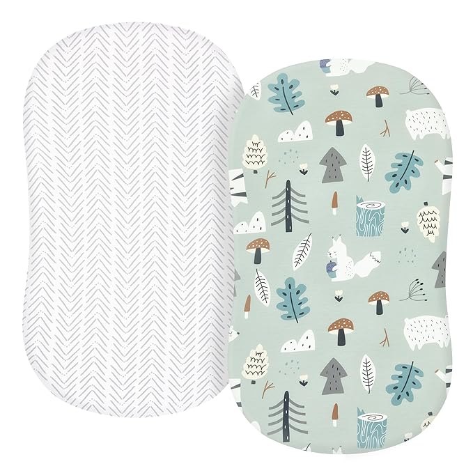 TILLYOU Baby Bassinet Sheets for Girls Boys 2 Pack Baby Sheets for Square Rectangle Oval Bassinet Mattress 33X16 Inch, Jungle Walk and White Stripes