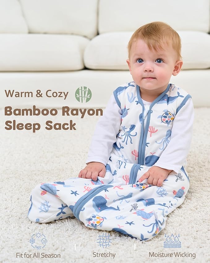 FIEMOL Rayon Made from Bamboo Baby Sleep Sack 6-12 Months, 1.0 Tog Baby Wearable Blanket, Soft Sleeping Bag for Newborn Infant Babies with 2-Way Zipper 2 Pack (Medium) Blue Whale