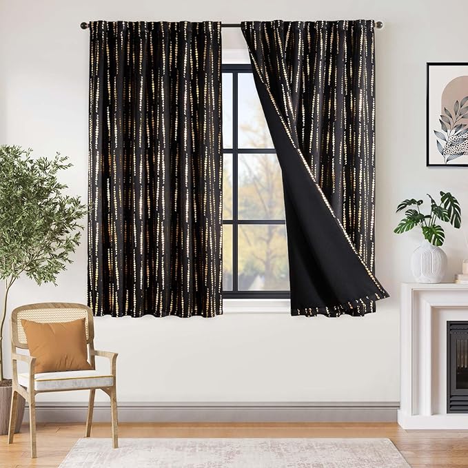 jinchan 95% Blackout Curtains 63 Inch Long for Bedroom Boho Curtains Moon Phases Printed Golden on Black Drapes Rod Pocket Back Tab Darkening Retro Bedroom Pattern Curtains 2 Panels