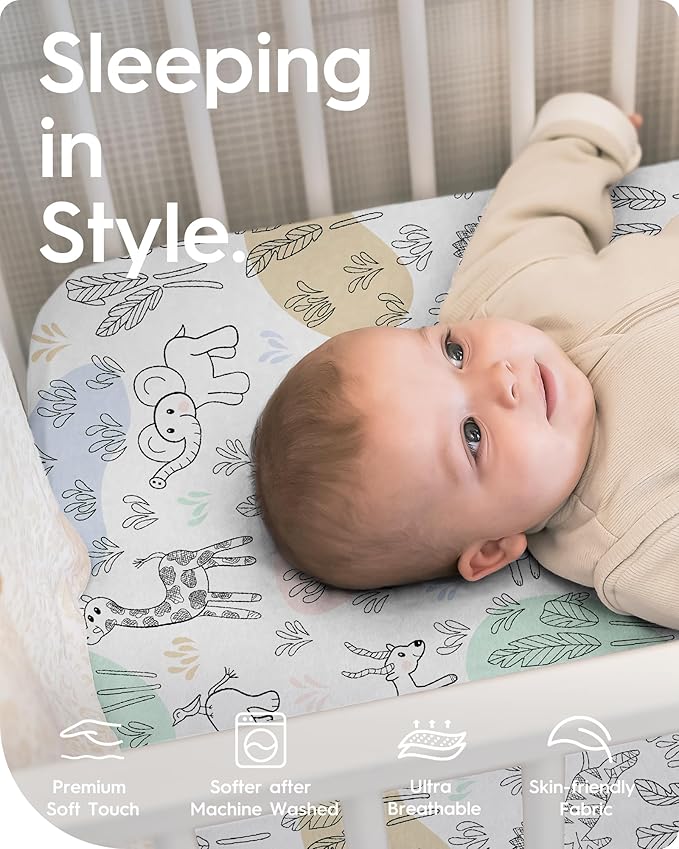 TotBasic Mini Crib Sheets Boy Girl, Ultra Soft Pack N Play Sheets Fitted, Neutral Pack and Play Mattress Sheets, Premium Jersey Knit Portable Crib Sheets, Secure and Cute, Elephant & Cartoon Safari