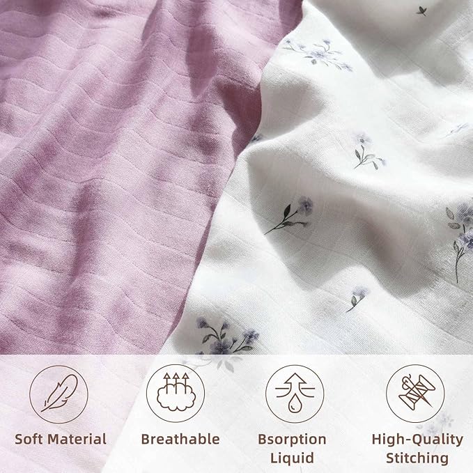 LifeTree Baby Swaddle Blankets, Boys Girls Muslin Swaddling Wrap Receiving Blanket for Newborn, 70% Viscose from Bamboo and 30% Cotton, Large 47" x 47", Flower and Mauve Pattern