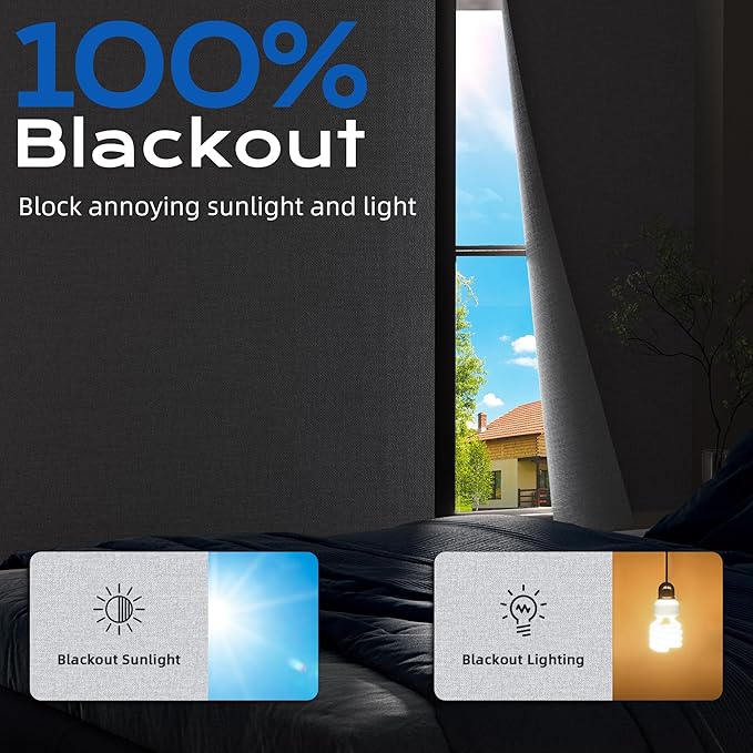 Linen Blackout Curtains for Bedroom, 100" x 58" Portable Black Out Blinds with 20 Sets Hooks & Loops Strips for 100% Blackout Window Film, Temporary Black-out Shades for Windows Cover Travel RV- Gray