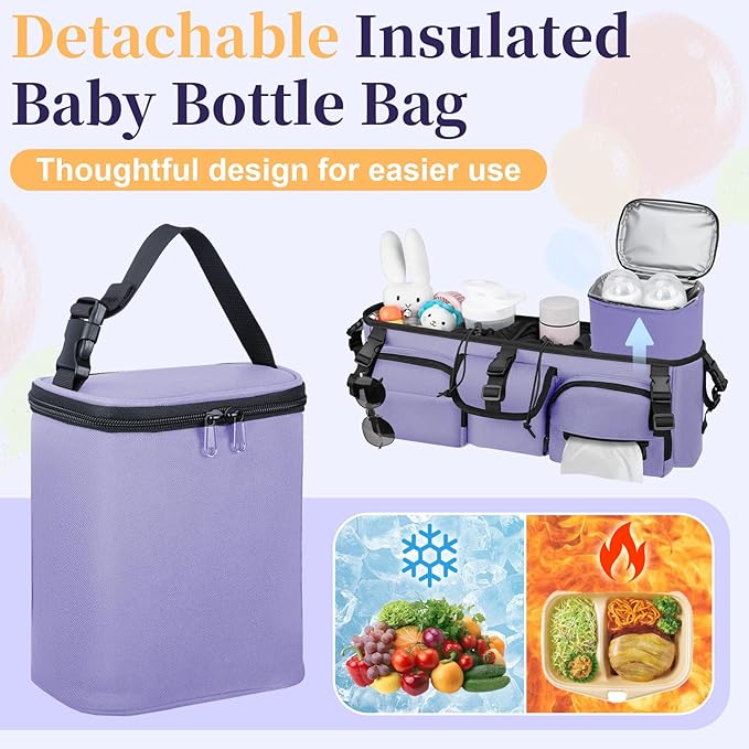 Double Stroller Organizer Compatible with Bob Duallie and Baby Jogger City Mini GT2, Double Baby Stroller Accessories with Cooler Bag, Parent Console Double Jogging Stroller Caddy, Purple