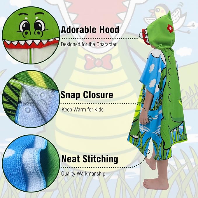 Hooded Kids Beach Towels - Toddler Bath Towel Girls Boys Swim Cover-ups for Ages 4 to 10 Kids Pool Towels Quick Dry Lightweight Soft Microfiber Poncho 30x30 with Bag (Green Alligator)