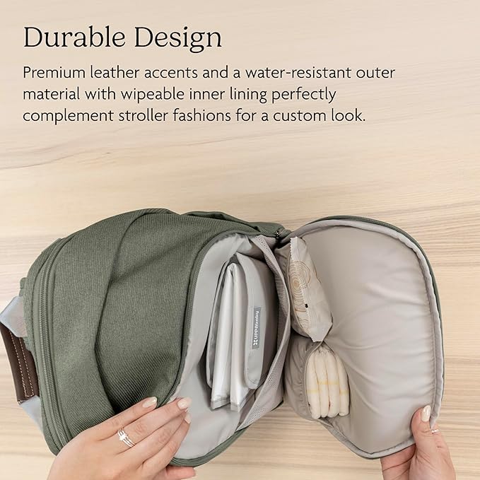 UPPAbaby Changing Backpack - Multiple Storage Compartments - Side Bottle + Laptop Pockets - Trolley Sleeve - Stroller Strap Attachment - Evelyn - Meadow Green | Chestnut Leather