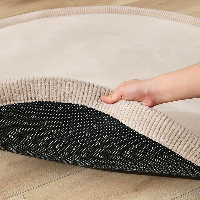 Hakuna Matte CloudSoft Baby Play Mat for Floor Ø 47" Beige – Coral Velvet Memory Foam Rug for Crawling & Cozy Play – Non-Slip, Water-Resistant, Easy-CareTummy Time Mat, Playmat for Playpen