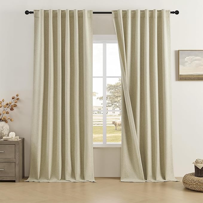 DUALIFE 2PCS Blackout Extra Long Linen Curtains 11 ft Length Drapes, High Ceiling Living Room Tall Cutains Back Tab Pocket 2 Story Long Window Curtains 50 X132 Inch 2 Panels Chartreuse Oatmeal