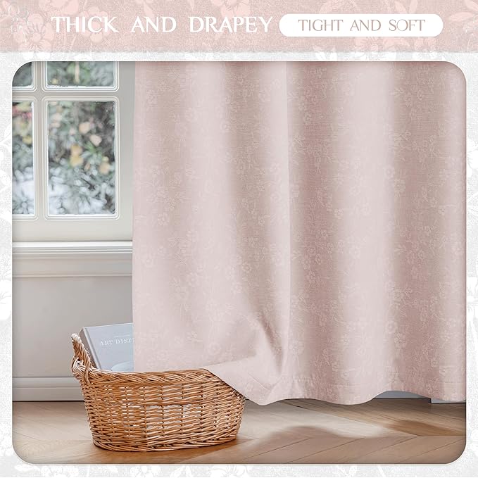 Beauoop Pink Floral Jacquard Blackout Curtains 63 Inches Long 2 Panels for Living Room Bedroom Chenille Flower Room Darkening Thermal Insulated Soundproof Grommet Window Drapes, 52x63 Set of 2
