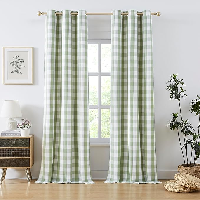 Amzdecor Buffalo Plaid Full Blackout Curtains 95 Inches Long for Bedroom Living Room Checkered Thermal Total Room Darkening Grommet Drapes,Farmhouse Window Treatment, 2 Panels,40"x95",Sage Green&White