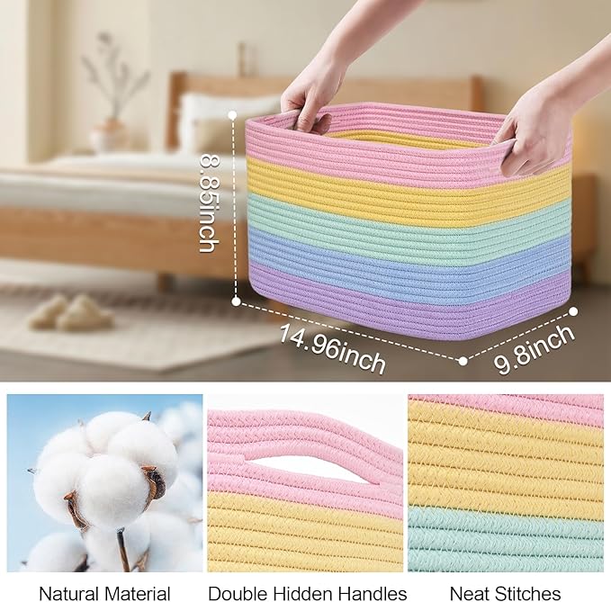 Woven Storage Baskets, Rainbow Baskets for Organizing, 3 Pack Woven Basket for Storage, Storage Baskets for Shelf, Towel, Toy, Book, Closet, Baby 15"×10"×9"
