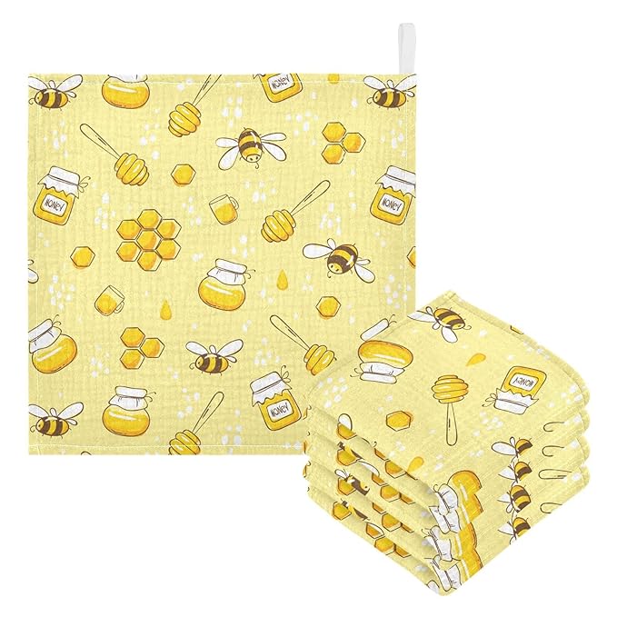 Baby Washcloths Cotton Flying Bees Honey Baby Muslin Washcloths Soft Baby Face Towel for Newborn Infants Baby Wipes, 11.8 X 11.8 Inch, 5 Pack Yellow