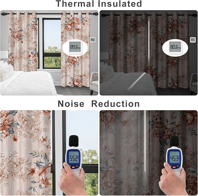 Blackout Curtains for Bedroom 84 Inch Length 2 Panels Set, Beige Pink Floral Black Out Curtains for Girls Room Darkening, Light Filtering Soundproof Grommet Thermal Winter Curtains for Living Room