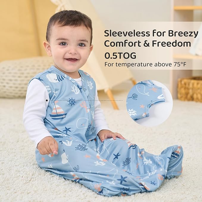 FIEMOL Baby Sleep Sack 6-12 Months, 0.5 TOG Wearable Blanket for Baby Boy and Girl, 2-Way Zipper Newborn and Infant Sleeping Bag 2 Pack, Lightweight Sleep Sacks Blue Whale（Medium）
