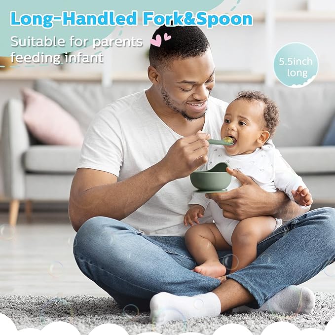 Nuenen 6 Pieces Silicone Baby Feeding Forks and Spoons Set Hot Safety First Stage Self Feeding Supplies Mini Kids Utensils for over 6 Months Babies Boy Girl Toddlers First Foods (Nature Color)