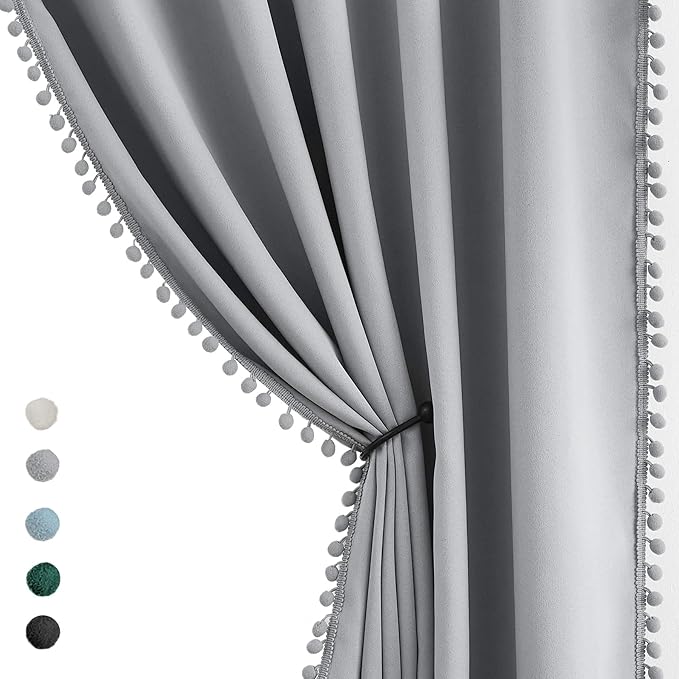 Treatmentex Pom Pom Grey Curtains for Bedroom Windows 90 inch Energy Efficient Thermal Insulated Living Room Darkening Curtain Panels Drapes Nursery Room Children 52" w x2 Panels Rod Pocket