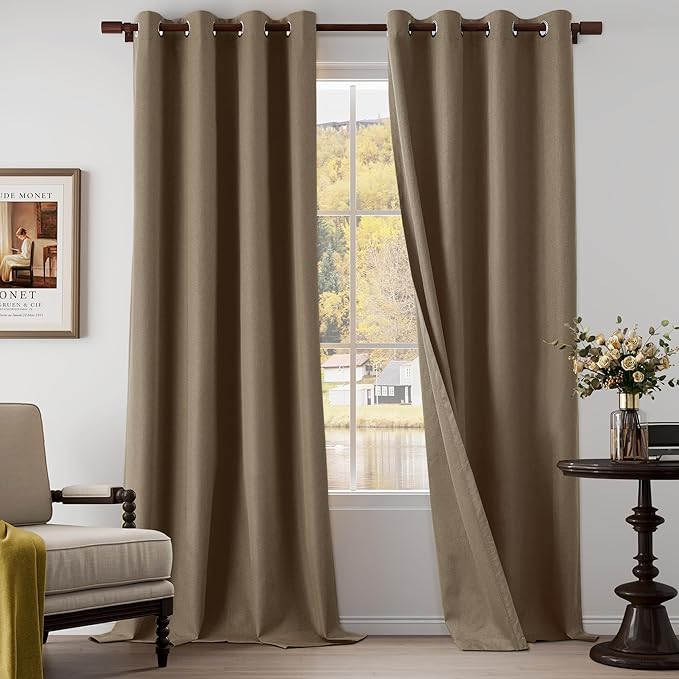 100% Blackout Linen Textured Curtains 108 Inch Length 2 Panels Set for Living Room, Bedroom, Light Weight Curtains with Grommets Top, Full Blackout Curtains Privacy Protection, Brown, 52" W x 108" L