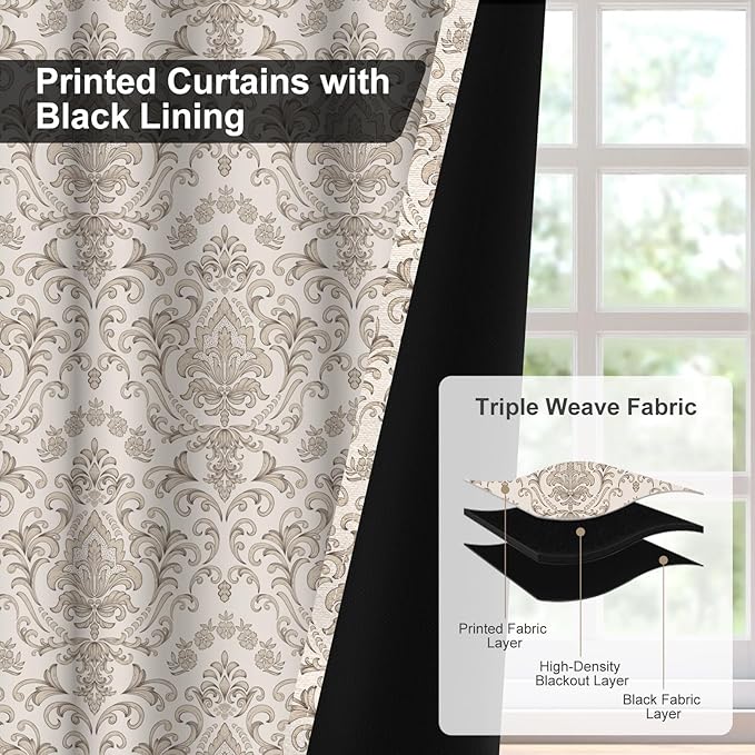 Beige Blackout Curtains for Bedroom and Living Room, Vintage Damask Patterned Black Out Curtains 63 Inch Long 2 Panels Set, Room Darkening Thermal Insulated Privacy Soundproof Window Drapes for Winter