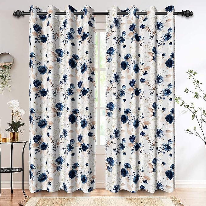 Renaiss Blue and White Floral Blackout Curtains Gold Line Rose Flowers Thermal Insulated Window Drapes for Bedroom 42W x 96L inches 2 Panel Set Window Curtain Panels for Living Room