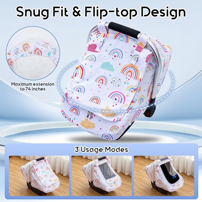 Car Seat Cover Baby Girls, Outdoor Infant Car Seat Canopy, Breathable Carseat Cover for Stroller, 2 Layers with Mesh Window & Privasy Sun Shade, Protective Baby Carrier Cover for Newborn Shower Gift