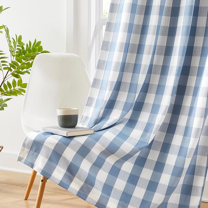Amzdecor Buffalo Check Plaid Full Blackout Window Curtains 95 Inches Long for Bedroom Noise Reducing Total Room Darkening Grommet Drapes,Vintage Farmhouse Window Treatment,2 Panels,40"x95",Blue White