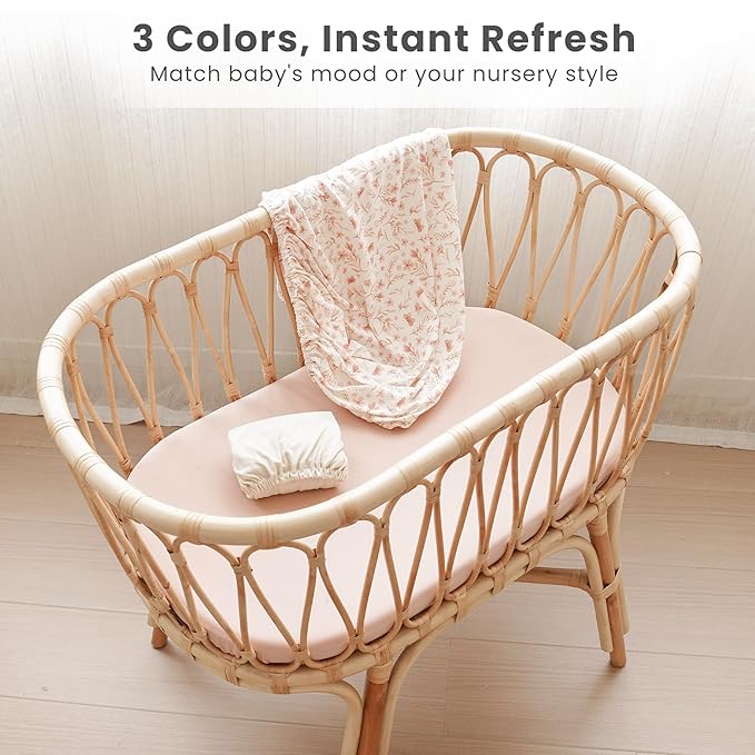 Konssy 3 Pack Stretchy Bassinet Sheets for Baby Girl Boy, Soft Breathable Baby Bassinet Mattress Sheets Fit for Hourglass Oval Cradle, Moses Basket Rectangle Mattress (Pink Spring)