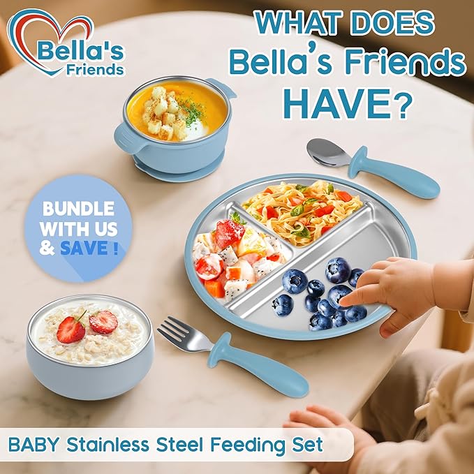 Bella's Friends Stainless Steel Toddler Plates Silicone Suction,3 Packs Non-Slip Baby Plates,Divided Portion,Food-Grade Silicone Plate for Kids,LEAD-FREE Dishwasher Safe, Blue Gray Beige