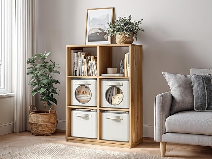 Vailando Foldable Fabric Storage Cube with Round Window - 4 Pack 13"x13"x13" Collapsible Closet Organizer Bins for Clothes, Shelves, Offices, Toys & Misc, White & Ivory