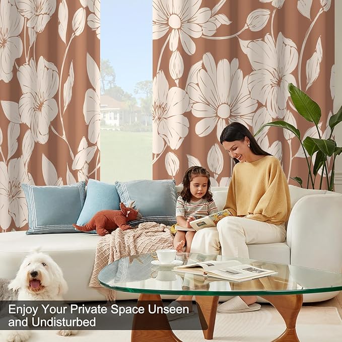Floral Blackout Curtains for Bedroom and Living Room, Patterned Vintage Brown Bedroom Curtains 84 Inch Length 2 Panels Set, Grommet Thermal Room Darkening Drapes Soundproof and Maintain Privacy