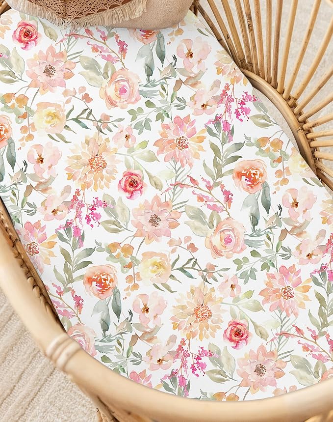 Bassinet Sheets for Baby Girls Boys 2 Pack, Fitted Baby Mattress Sheet for Rectangle, Oval, Hourglass Bassinet Mattress, Breathable Cozy & Universal Fit (Golden Meadow)