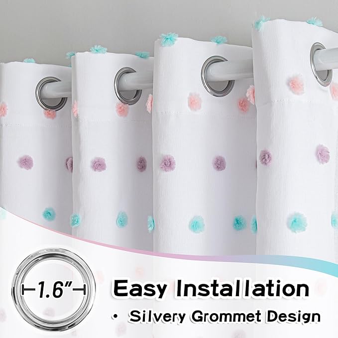 MYSKY HOME 90 Inches Long White Curtains with Rainbow Pom Pom Sheer for Living Room Nursery Curtain Girl Kids Bedroom Double Layer Room Darkening Window Panels for Toddler Grommet, 52" Wide, 2 Pieces