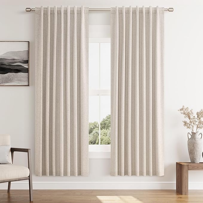 Guken Oatmeal 100% Blackout Curtains 72 Inch Length 2 Panels Set for Living Room Bedroom Back Tab Thermal Insulated Black Out Linen Drapes Room Darkening Window Curtains 72 Inches Long