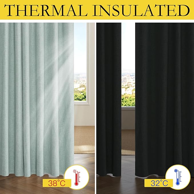 NICETOWN Seafoam Green Thick Linen Blend 100% Blackout Curtains with Grey Liners, Back Tab Thermal Insulated Flax Textured Full Blackout Window Draperies for Kitchen (2 Panels, 42" W by 63" L)