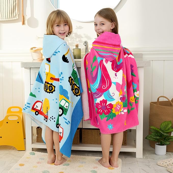 Joiedomi Hooded Towels for Kids Engineering Vehicle Print Soft 100% Cotton Kids Beach Towel 30" x 50" for 3-10 Years Boys Girls Beach Hooded Poncho Absorbent Pool Toddler Swim Bath Wrap