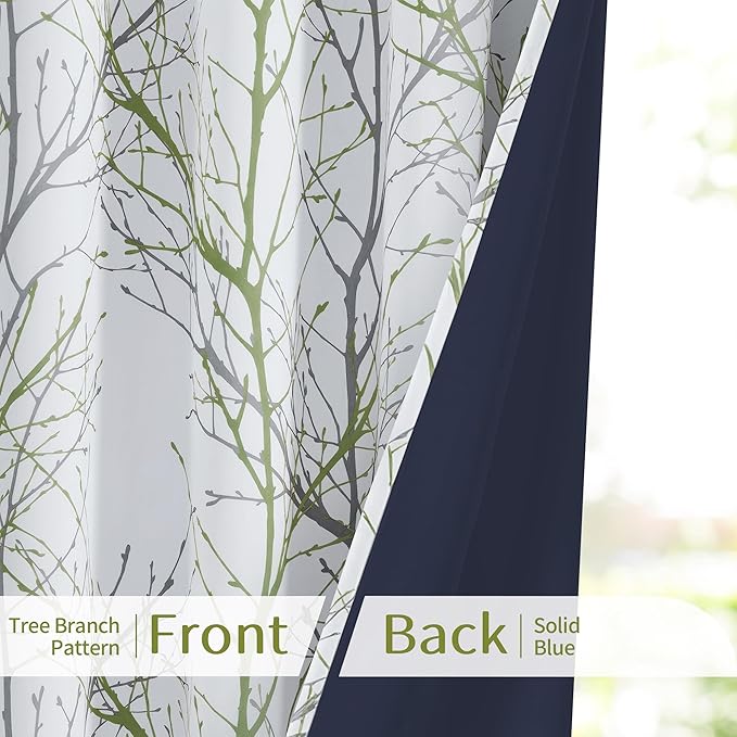 FMFUNCTEX 100% Blackout Curtains 84 Inches Long for Bedroom, Green and White Branch Tree Print Curtains for Bedroom,Thermal Insulated Curtain Drapes for Living Room, Grommet Top 2 Panels