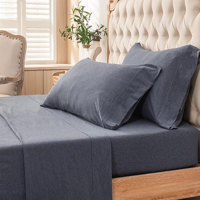 PURE ERA Jersey Knit 4pc Bed Sheet Set 100% T-Shirt Heather Cotton Super Soft Comfy Breathable Fits Mattress Up to 20" Extra Deep Pocket (Heather Navy Blue, Cal King)
