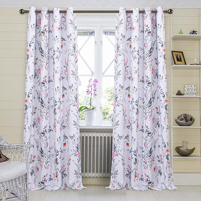 MYSKY HOME Floral Curtains 95 inches Long for Living Room Room Darkening Curtains Thermal Insulated Energy Saving Window Curtains for Bedroom Dining Room, 2 Panels, Red and Grey