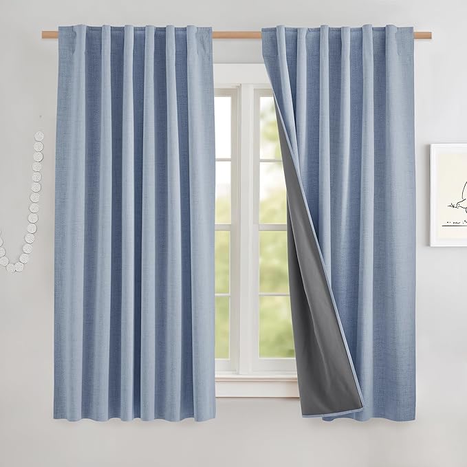 NICETOWN Linen 100% Blackout Cafe Curtains, Thermal Insulated & Noise Reducing Draperies with Grey Liner, Rod Pocket Short Drapes for Kids Room, Kitchen (52" W by 48" L, 2 Panels, Stone Blue)