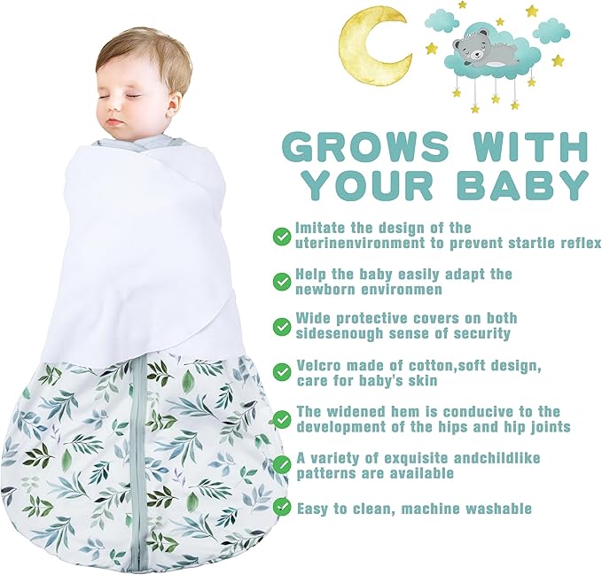 BSTOPPT Newborn Sleep Sack Baby Swaddle,3-6 Months,3-Way Adjustable Wearable Blanket,100% Rayon Cotton Swaddling Sleeping Bag，TOG 0.5（Banana&Leaf）