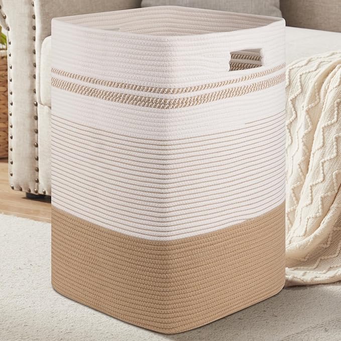 Laundry Basket, Large Woven Rope Tall Laundry Basket with Handles, Decorative Storage Basket for Clothes and Blankets in Living room, Bedroom