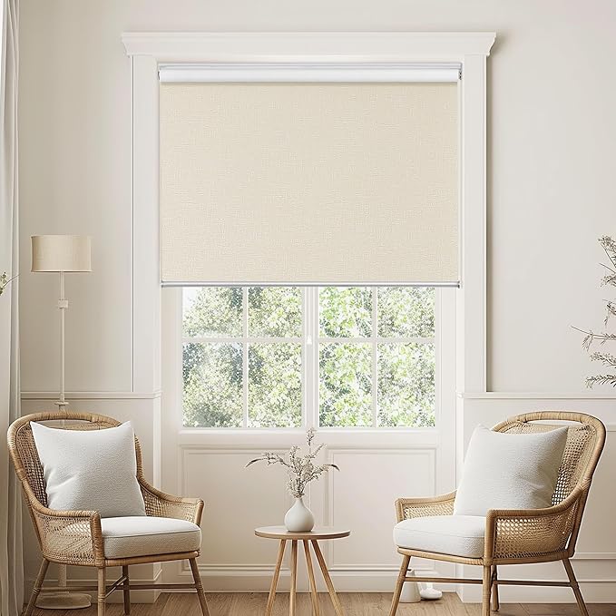 ChrisDowa Cordless 100% Blackout Roller Shade, with Striped Jacquard, Thermal Insulated, UV Protection Fabric, Total Blackout Blinds for Window, French Doors, Home and Office. Beige, 26" W x 72" H