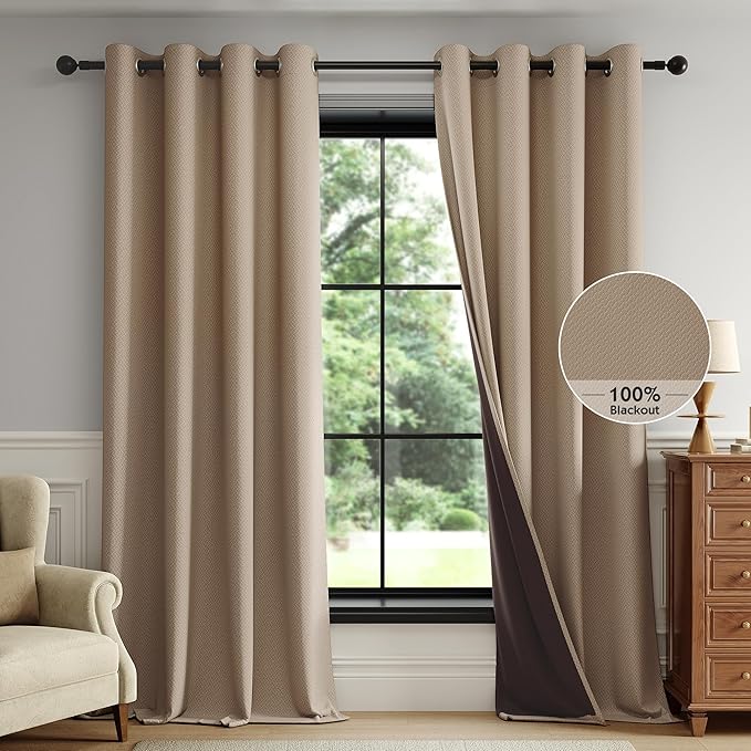 FMFUNCTEX 100% Brown Blackout Curtains for Bedroom, Solid Weave Textured Geometric Weave Curtains 72 Inches Long Thermal Insulated Curtains Living Room, Black Out Drapery Grommet 2 Panels