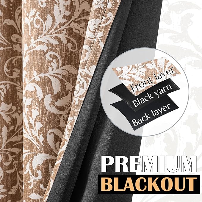 jinchan Blackout Curtains for Bedroom, Warm Taupe Scroll Floral Patterned Curtains 84 Inch Length for Living Room, Farmhouse Vintage Art Deco Drapes, Thermal Insulated Window Curtains Grommet 2 Panels