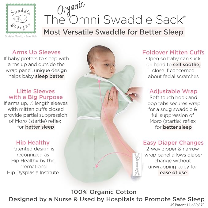 SwaddleDesigns Organic 6-Way Omni Swaddle Sack, Arms Up Swaddle for Newborn, More Options to Calm Startle Reflex, Improves Sleep, Small, 0-3 mo, 6-14 lbs, Soft Jadeite