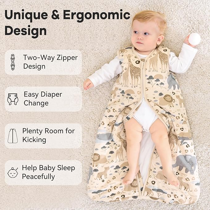 Unnivoll Baby Sleep Sack 18-24 Months TOG 2.5 Winter Baby Wearable Blanket, 100% Cotton Toddler Sleeping Sack with 2-Way Zipper Warm Soft Apricot Zebra