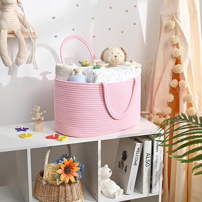 13.5L Baby Diaper Caddy Organizer, 15.3"x9.8"x7" Cotton Rope Diaper Basket, Changing Table Storage Caddy With Removable Divider, Baby Basket for Nursery, Car, Diapers, Baby Shower Gifts for Newborn